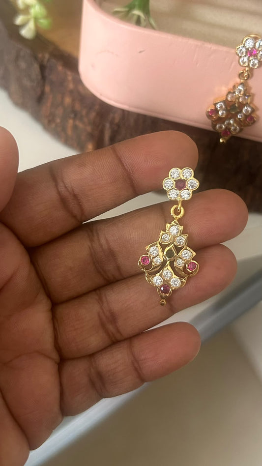 Panchaloham Polished Ruby Pink & CZ Designer Drop Earrings
