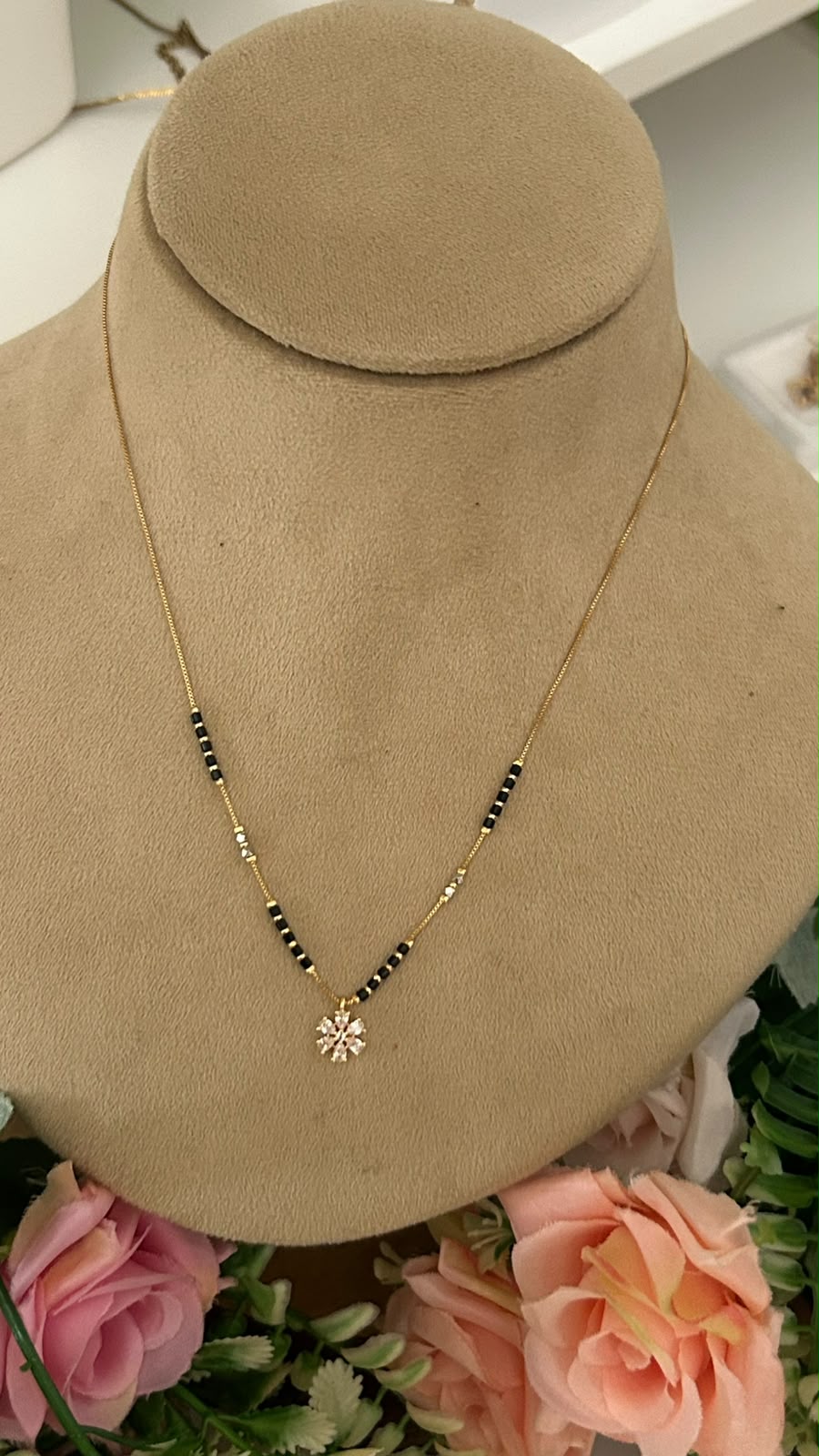 Modern Minimalist Black Beads Short Mangalsutra with Crystal Flower Pendant