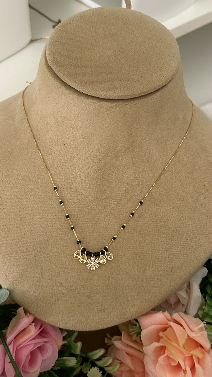 Modern Minimalist Black Beads Short Mangalsutra with Crystal Flower & Drops