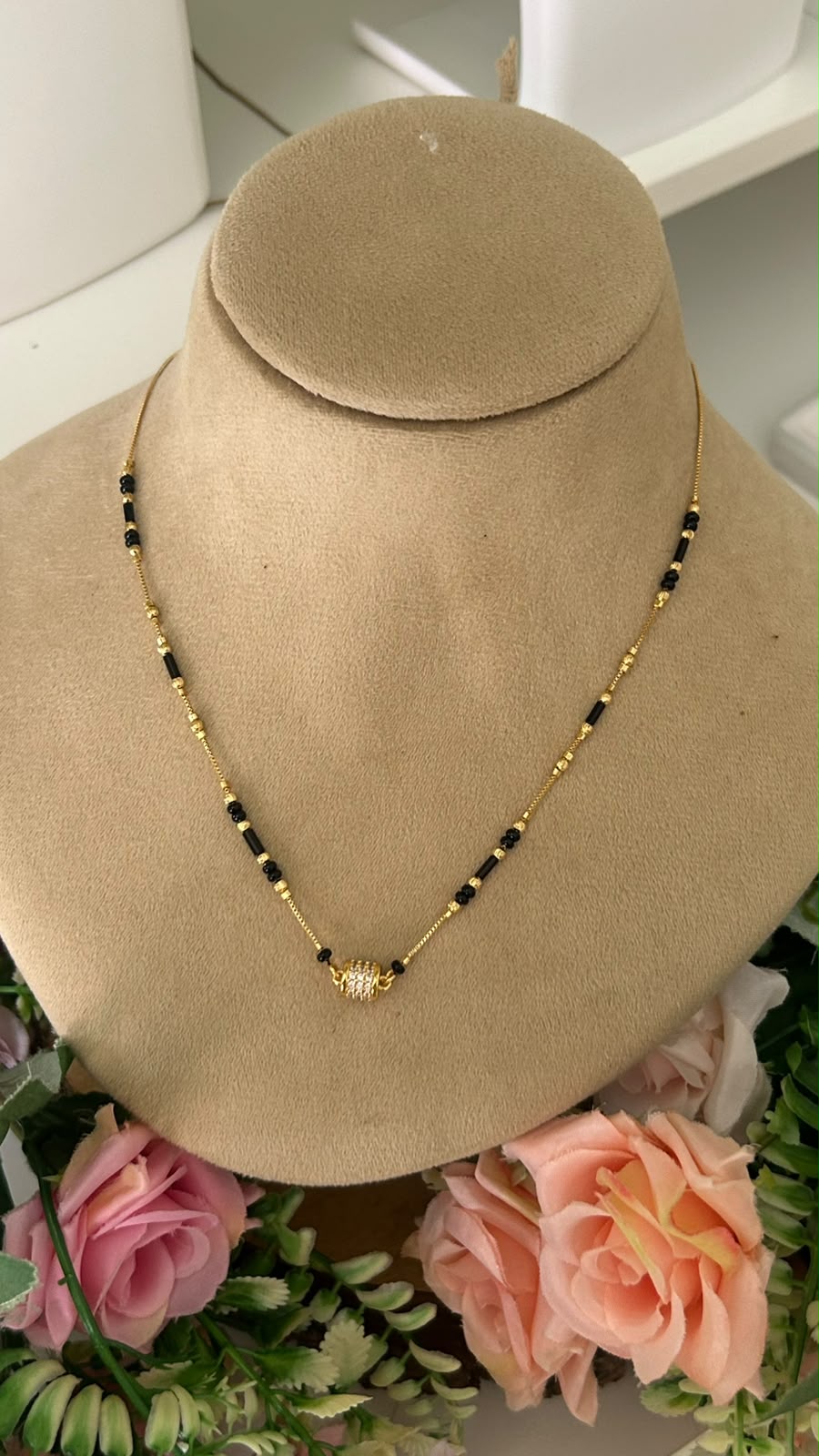 Gold Plated Minimalist Mangalsutra Chain with CZ Studded Barrel Bead