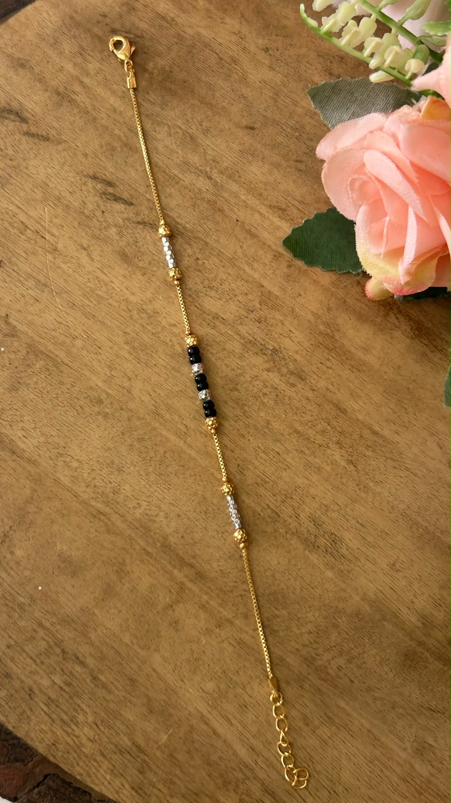Minimalist Dual Tone Black Beads Hand Mangalsutra Bracelet