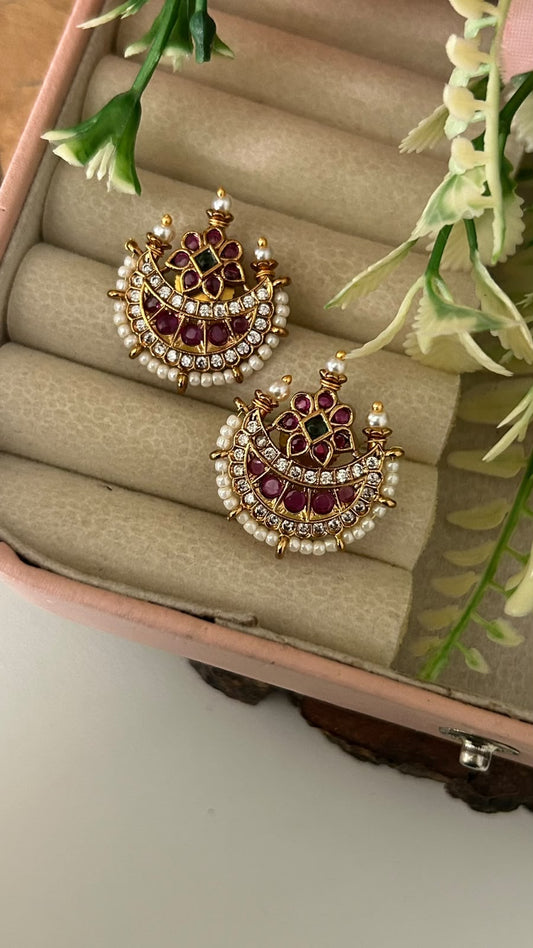 Traditional Half Moon Stud Earrings with Ruby Kemp Stones and Pearl Lining
