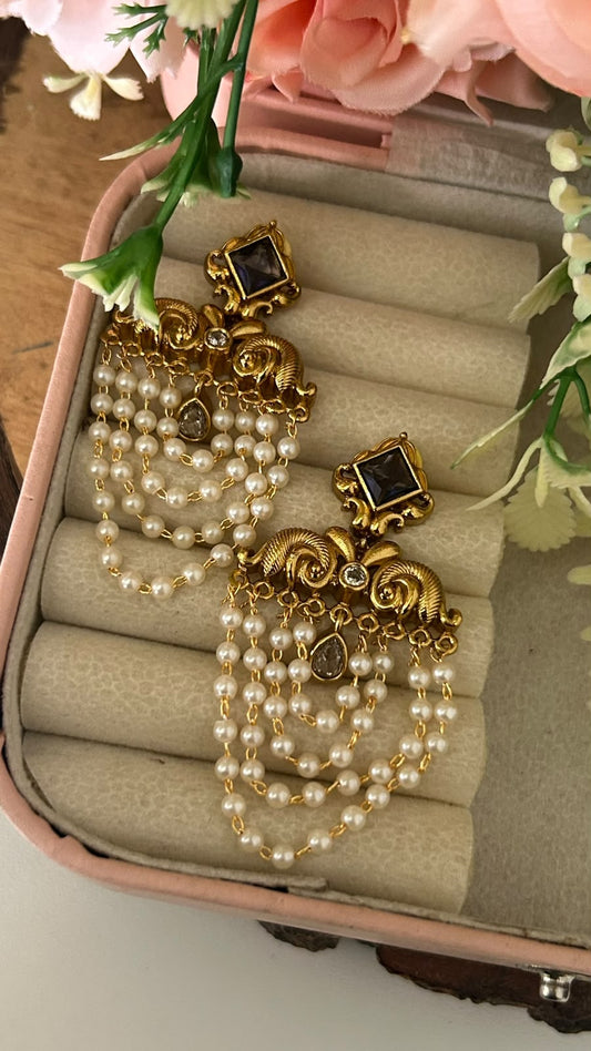 Ethnic South Indian Style Square Tops with Five-Layered Pearl String Drops and Cz Stone Accents with purple and white drop