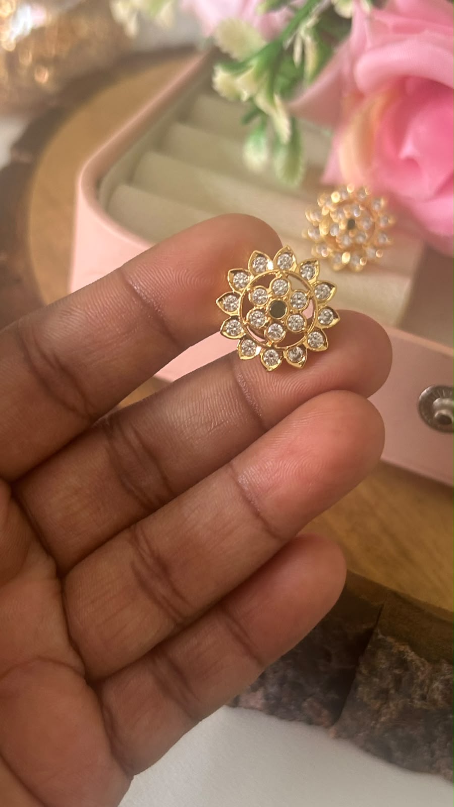 Elegant Floral Panchaloham Gold Polish Earrings for Women in full white with middle green ( smallsize)