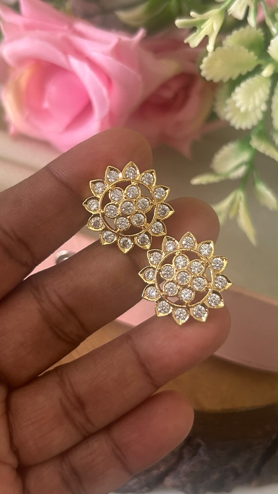 Elegant Floral Panchaloham Gold Polish Earrings for Women in full white ( bigsize)