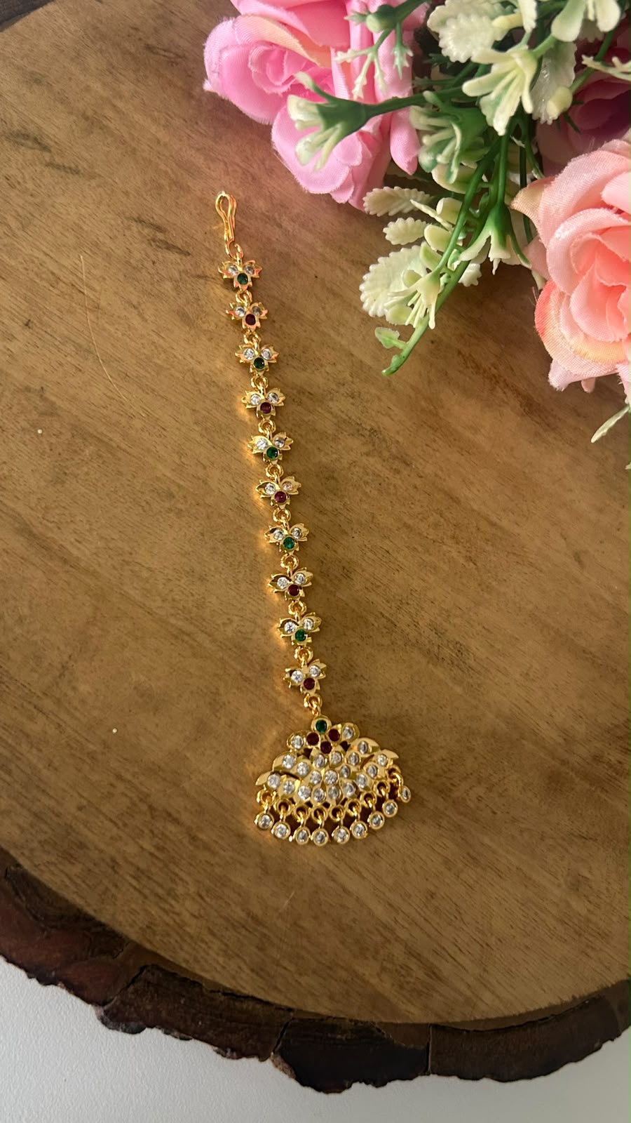 Panchaloham Polished Floral Tikka Papidi Billa with Ruby & Emerald Stones | Traditional South Indian Hair Jewellery