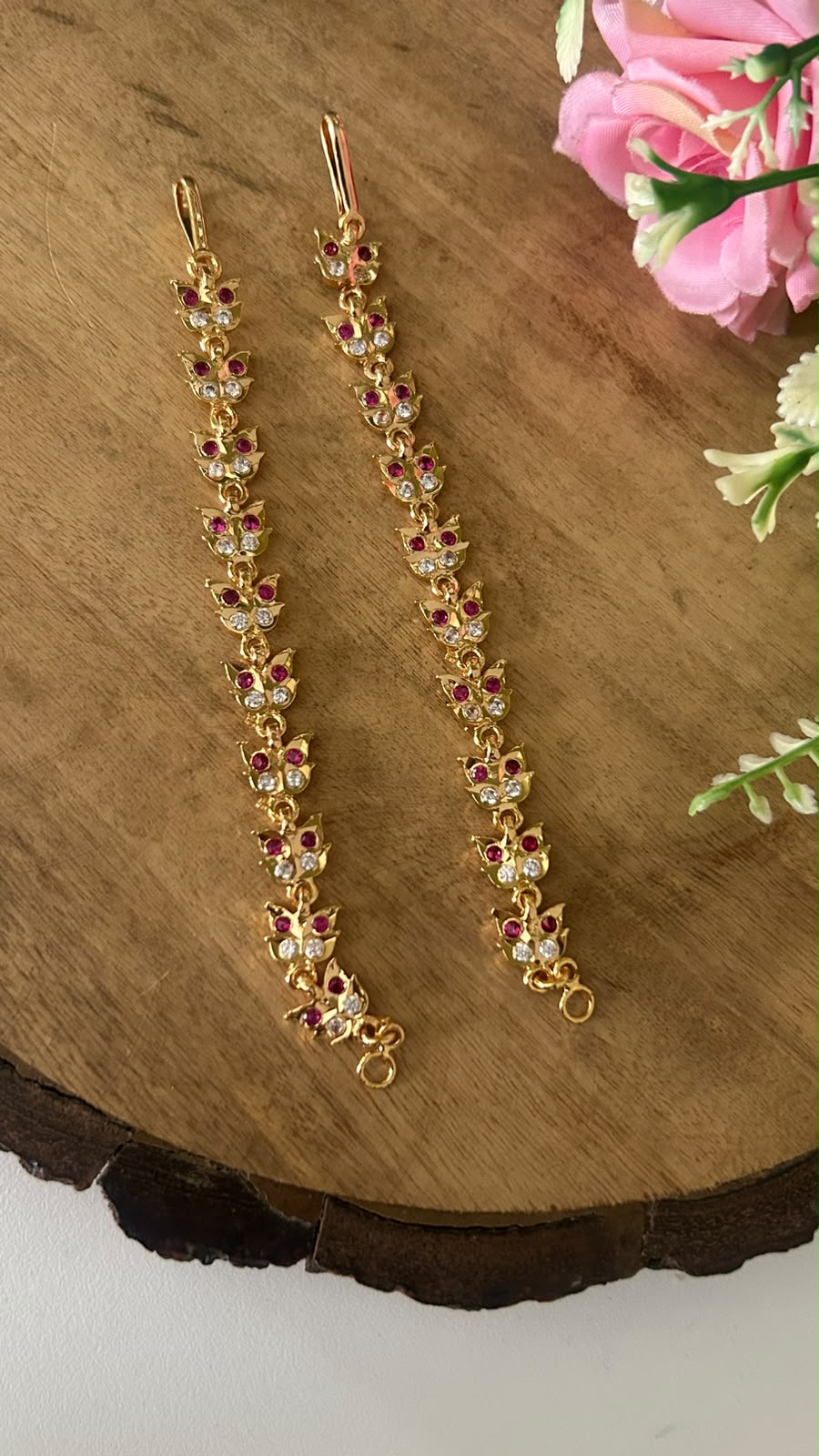 Panchaloham Polished Floral Ear Chains with Ruby & CZ Stones