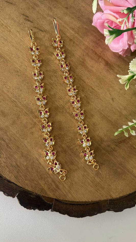 Panchaloham Polished Floral Ear Chains with Ruby & CZ Stones