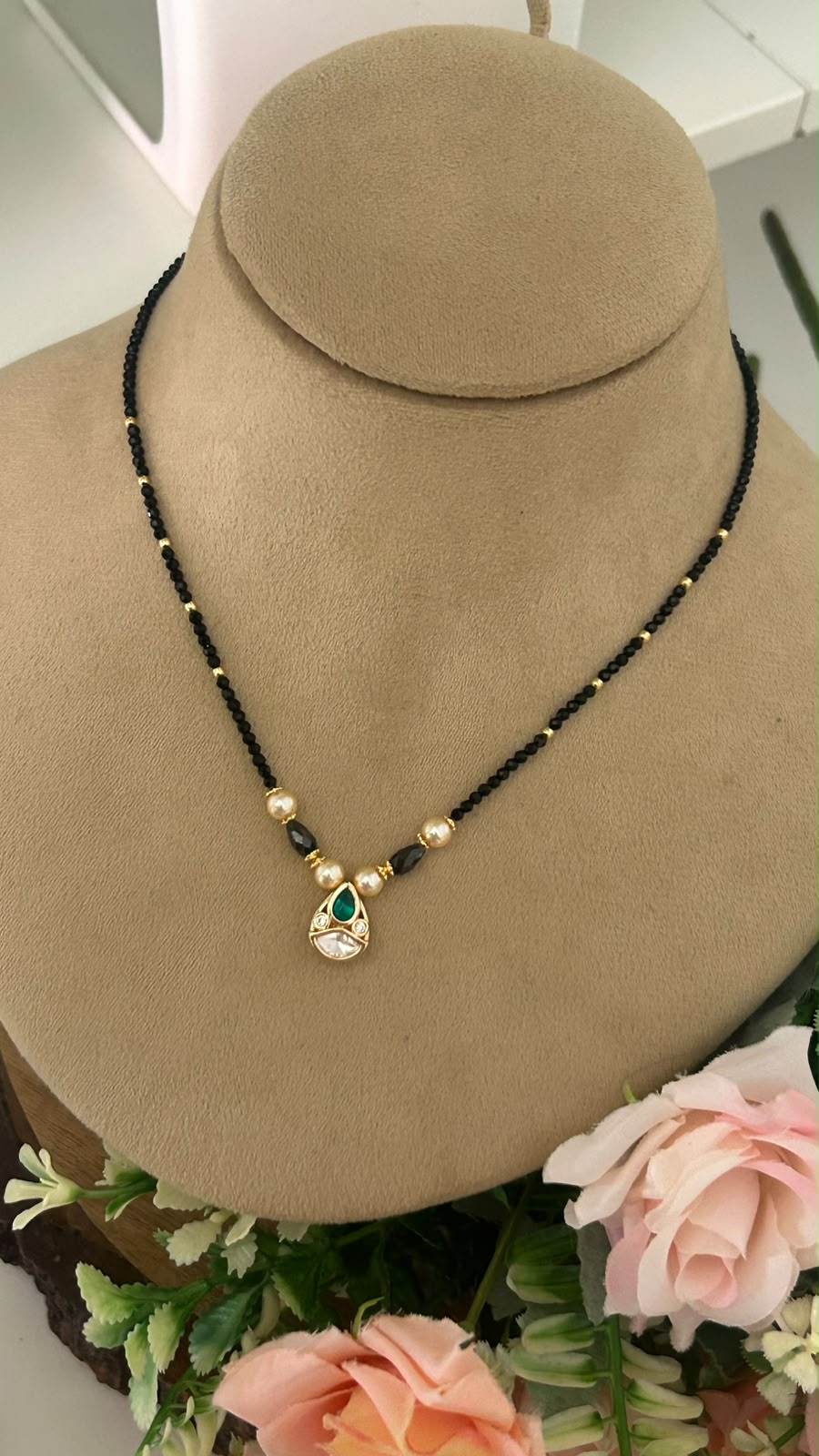 Elegant Black Beads Mangalsutra Necklace with Green Stone Teardrop Pendant, Gold-Tone Beads & Pearl Accents for Women