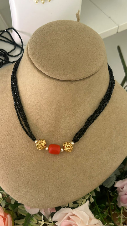 Elegant Multi Line Black Beads Mangalsutra Necklace with Red Centre Bead & Gold-Tone Floral Beads for Women