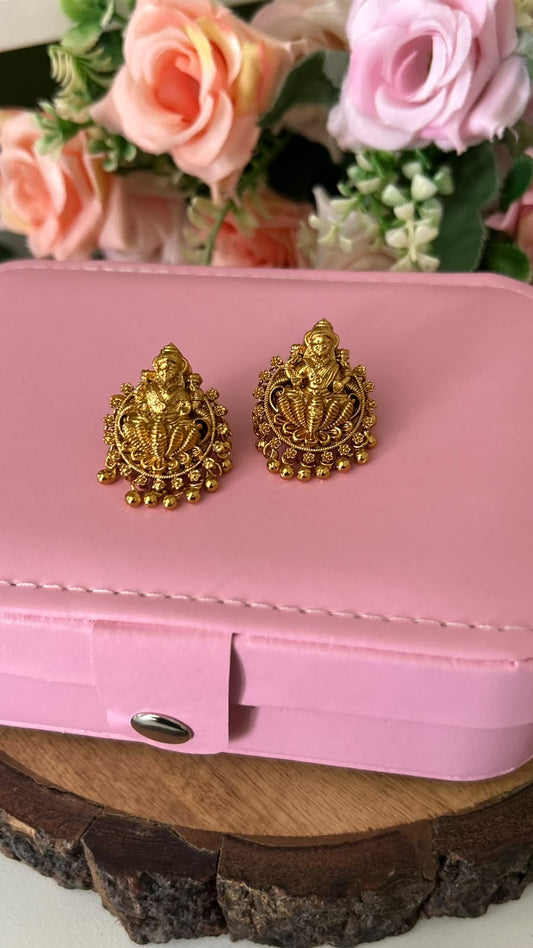 Antique Gold Finish Lakshmi Devi Temple Jewellery Stud Earrings with Traditional Ghungroo Drops & Push Back Closure for Women