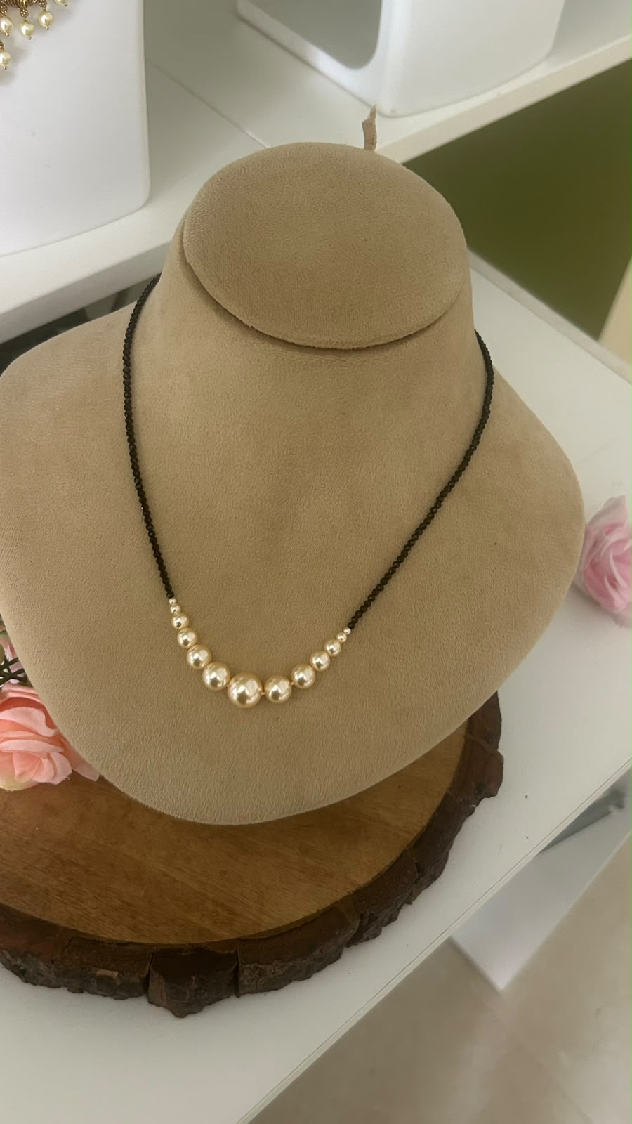 Elegant Single Line Black Beads Mangalsutra Necklace with Graduated Golden Pearl Beads for Women