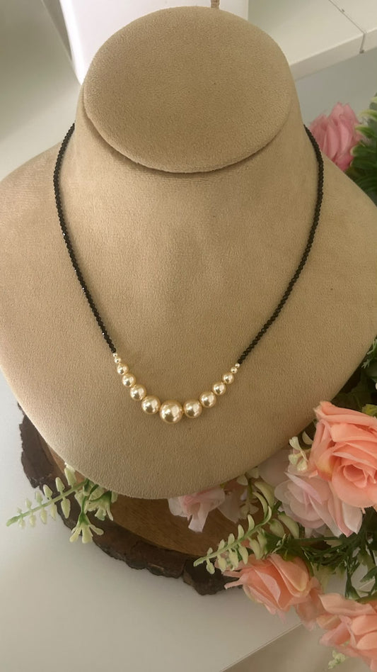 Elegant Single Line Black Beads Mangalsutra Necklace with Graduated Golden Pearl Beads for Women