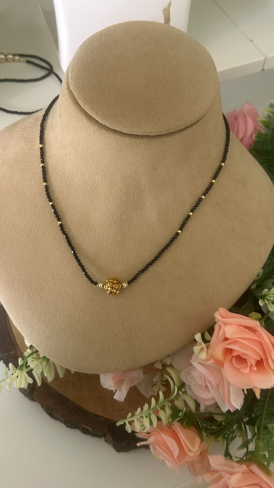 Elegant Single Line Black Beads Mangalsutra Necklace with Antique Gold Floral Ball Pendant & Gold Bead Accents for Women