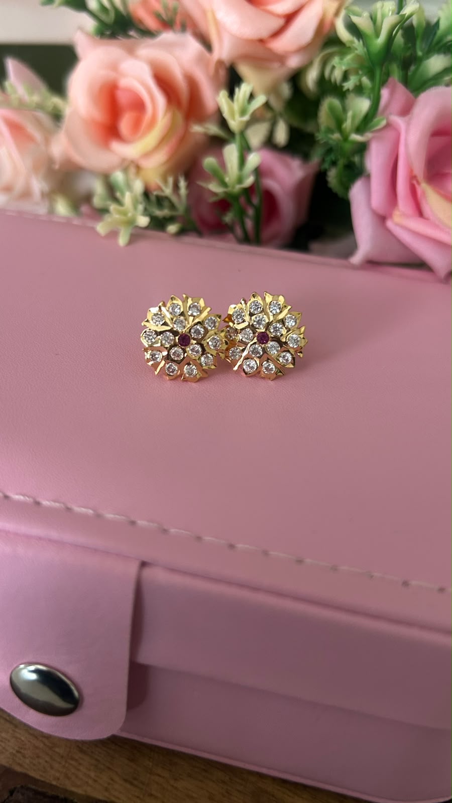 Traditional Panchaloham Gold Finish Floral Stud Earrings with White Stones and Ruby Red Center for Women