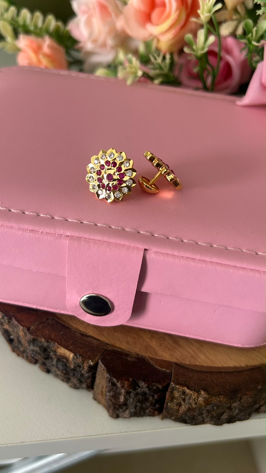 Traditional Panchaloham Gold Finish Round Floral Stud Earrings with Ruby Pink and White Stones – Screw Back for Women