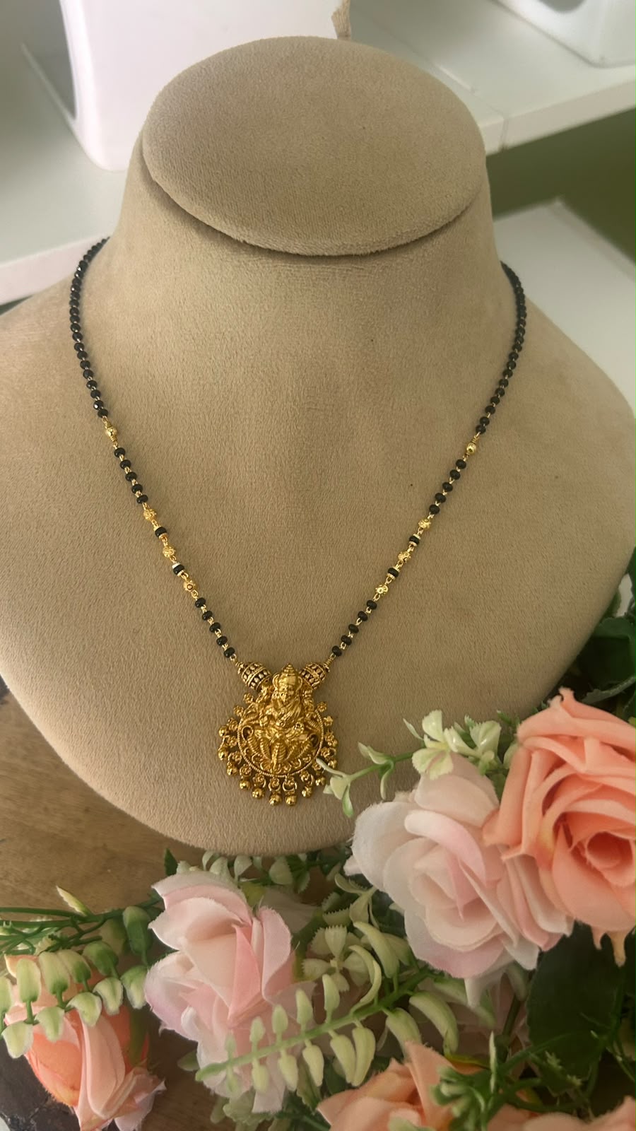 Traditional Antique Gold Finish Lord lakshmi Pendant Black Beads Mangalsutra Necklace for Women