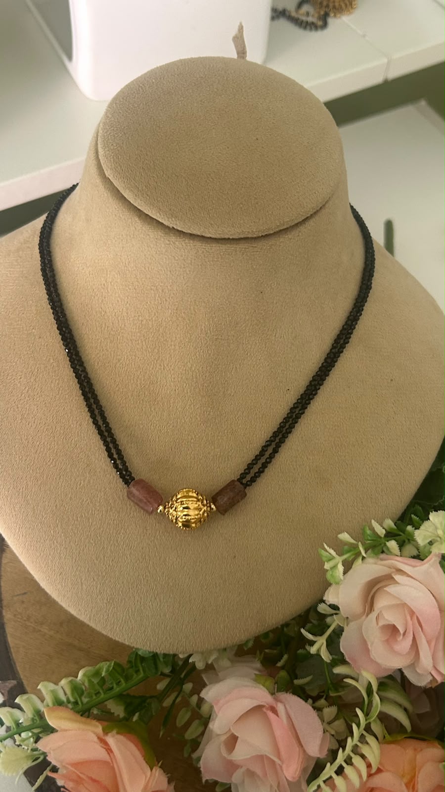 Elegant Double Line Black Beads Mangalsutra Necklace with Antique Gold Finish Round Bead and Brown Stone Accents for Women