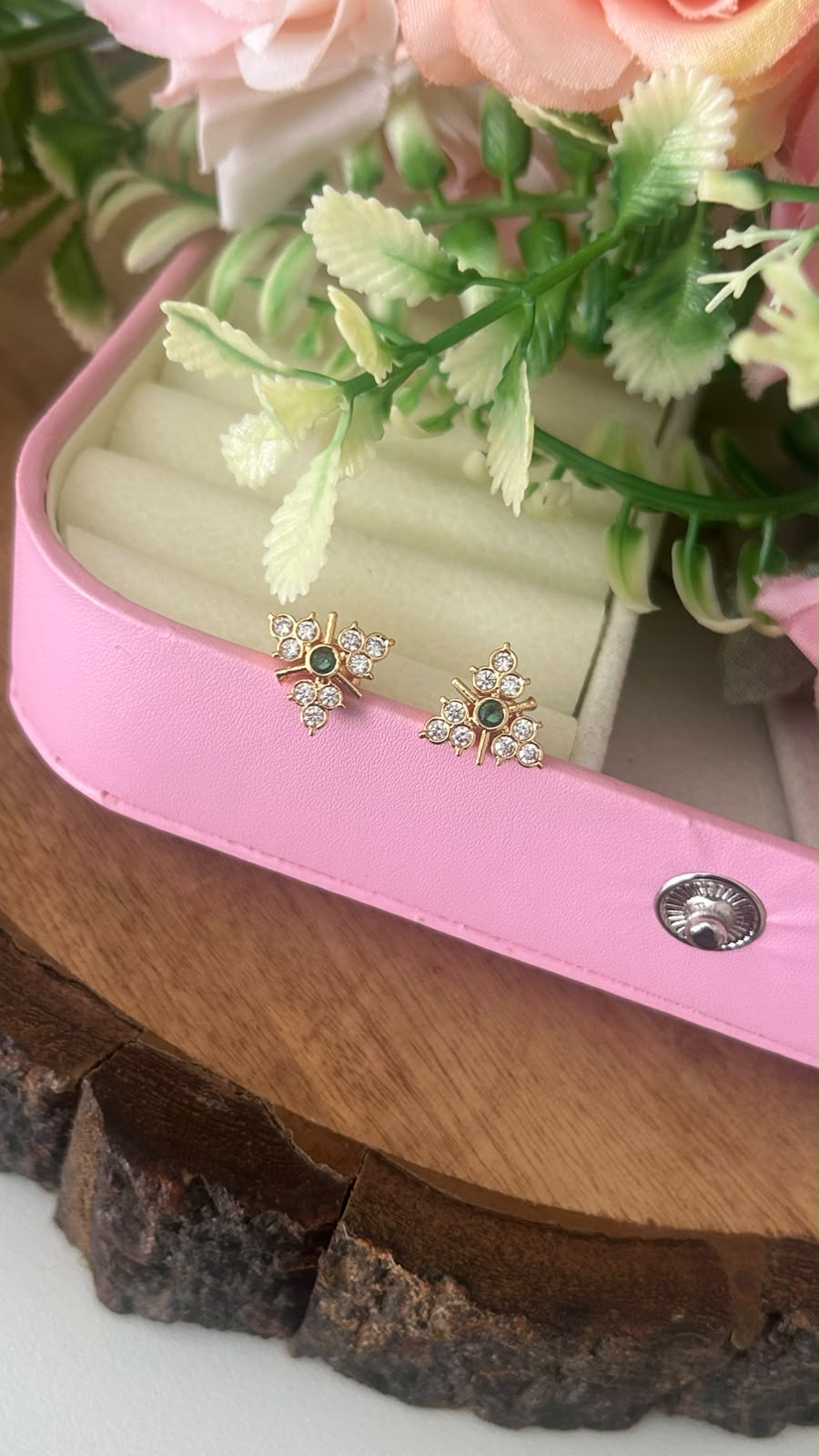 Elegant Panchaloham Gold-Tone Floral Design Stud Earrings with Sparkling White Stones with middle green for Women