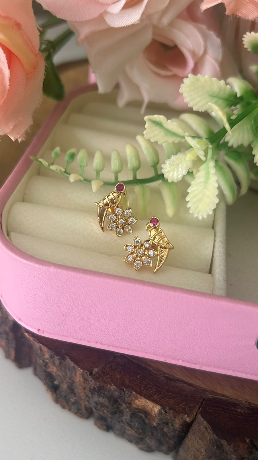 Elegant Panchaloham Gold-Tone Parrot Design Stud Earrings with Ruby Pink & Sparkling White Stones for Women