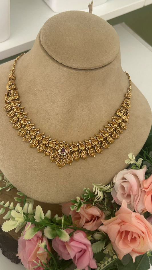 Regal Nakshi Peacock Kasu Necklace Set with Ruby Accents & Statement Earrings – Traditional South Indian Bridal Jewellery