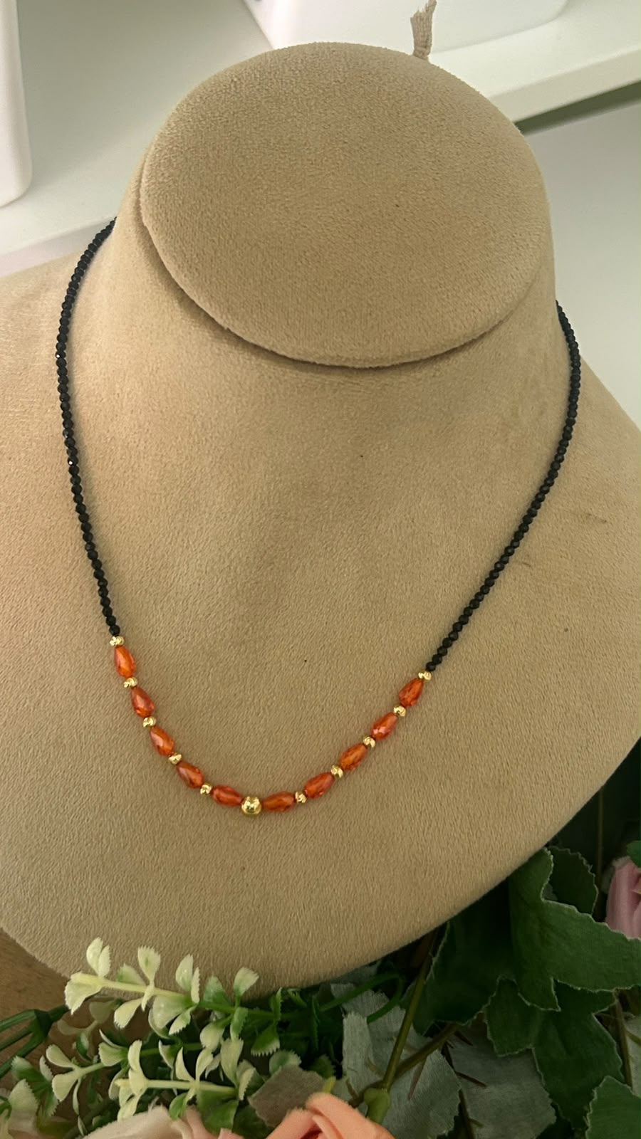 Trendy Minimalist Black Beads Mangalsutra Chain with Amber Orange Crystal Beads & Gold-Tone Accents for Women