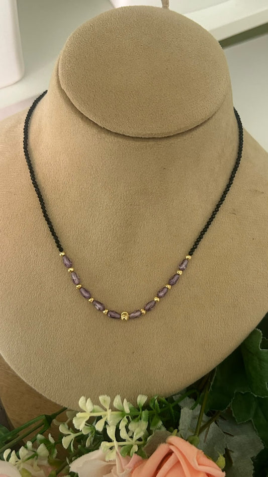 Elegant Single-Line Black Beads Mangalsutra Necklace with Lavender Purple Crystal Beads & Gold-Tone Accents – Trendy Daily Wear Jewellery for Women