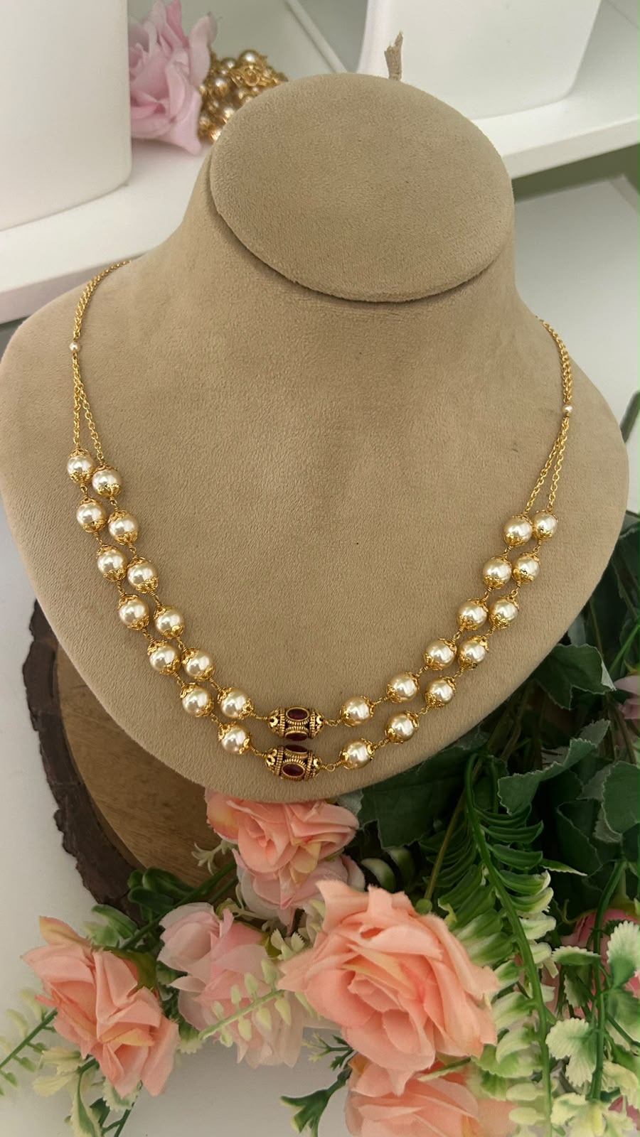Elegant Double Layer Golden Pearl Beads Necklace with RED Stone Designer Accents for Women