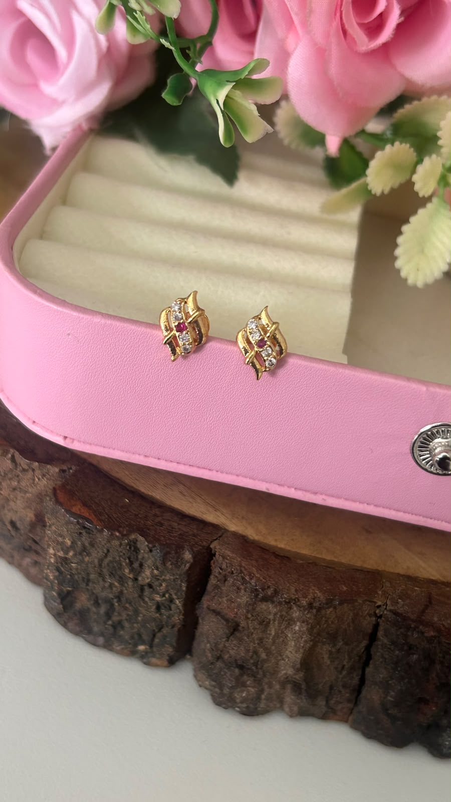 Elegant Panchaloham Gold Polished Ruby & White Stone Twisted Leaf Design Stud Earrings for Women