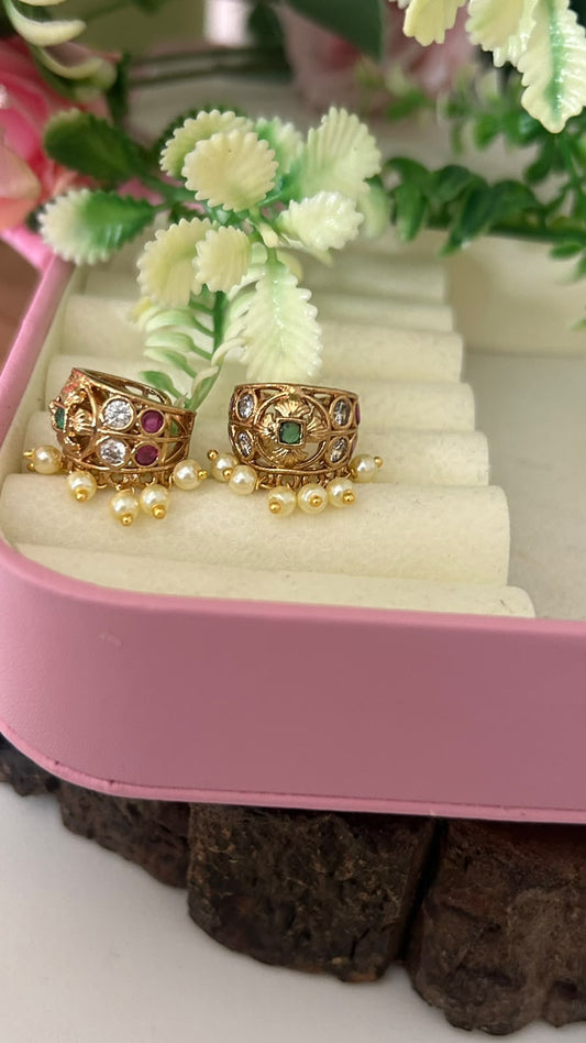 Traditional Antique Gold Polished Ruby Green Kemp Stone Bugadi Earrings with Pearl Drops for Women