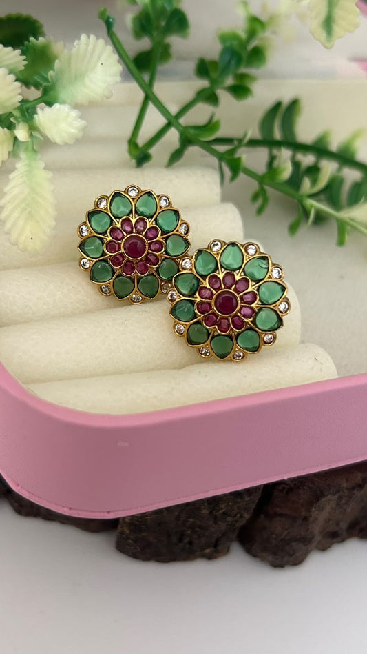 Green & Ruby Kemp Stone Lotus Floral Stud Earrings with Pushback for Women