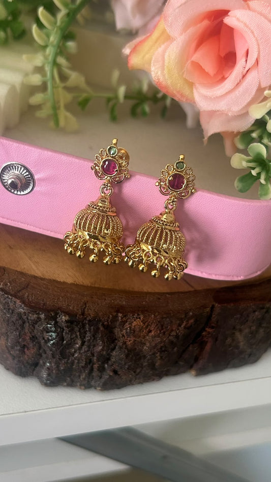 Elegant Temple Style Ruby Stone Filigree Jhumka Earrings with Pearl Hangings – Screw Back