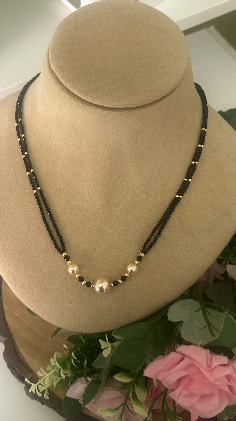 Elegant Double Line Black Beads Mangalsutra with Pearl Beads & Gold Tone Accents for Women
