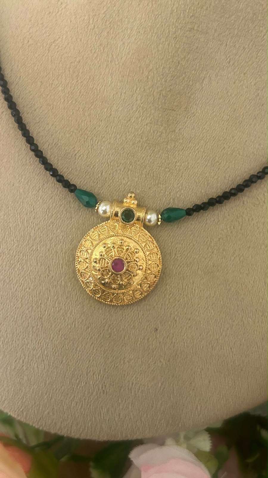 Elegant Invisible Black Beads Mangalsutra with Traditional Panchaloham Round Dollar Pendant, Green Beads & Ruby Stone Accents for Women