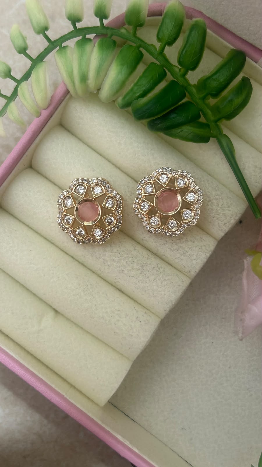 Elegant Blush Pink Stone Floral Stud Earrings in big size