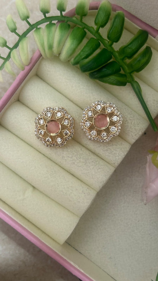 Elegant Blush Pink Stone Floral Stud Earrings in big size