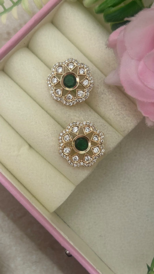 Royal Emerald Green Stone Floral Stud Earrings in big size