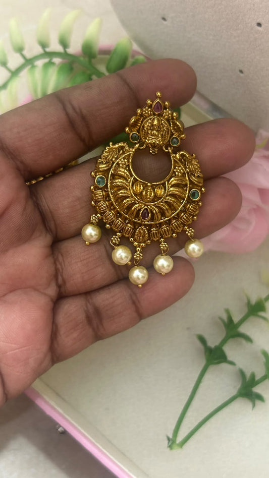 Traditional Antique Finish Lakshmi Devi Chandbali Earrings with Ruby Green Stones & Pearl Drops