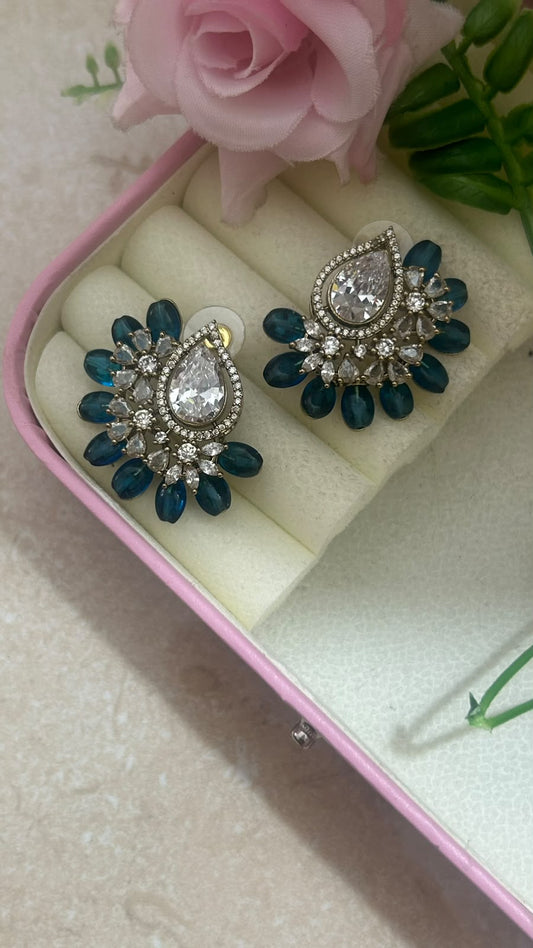Royal Blue Beaded Teardrop Designer Stud Earrings with Crystal Stone Work in big size