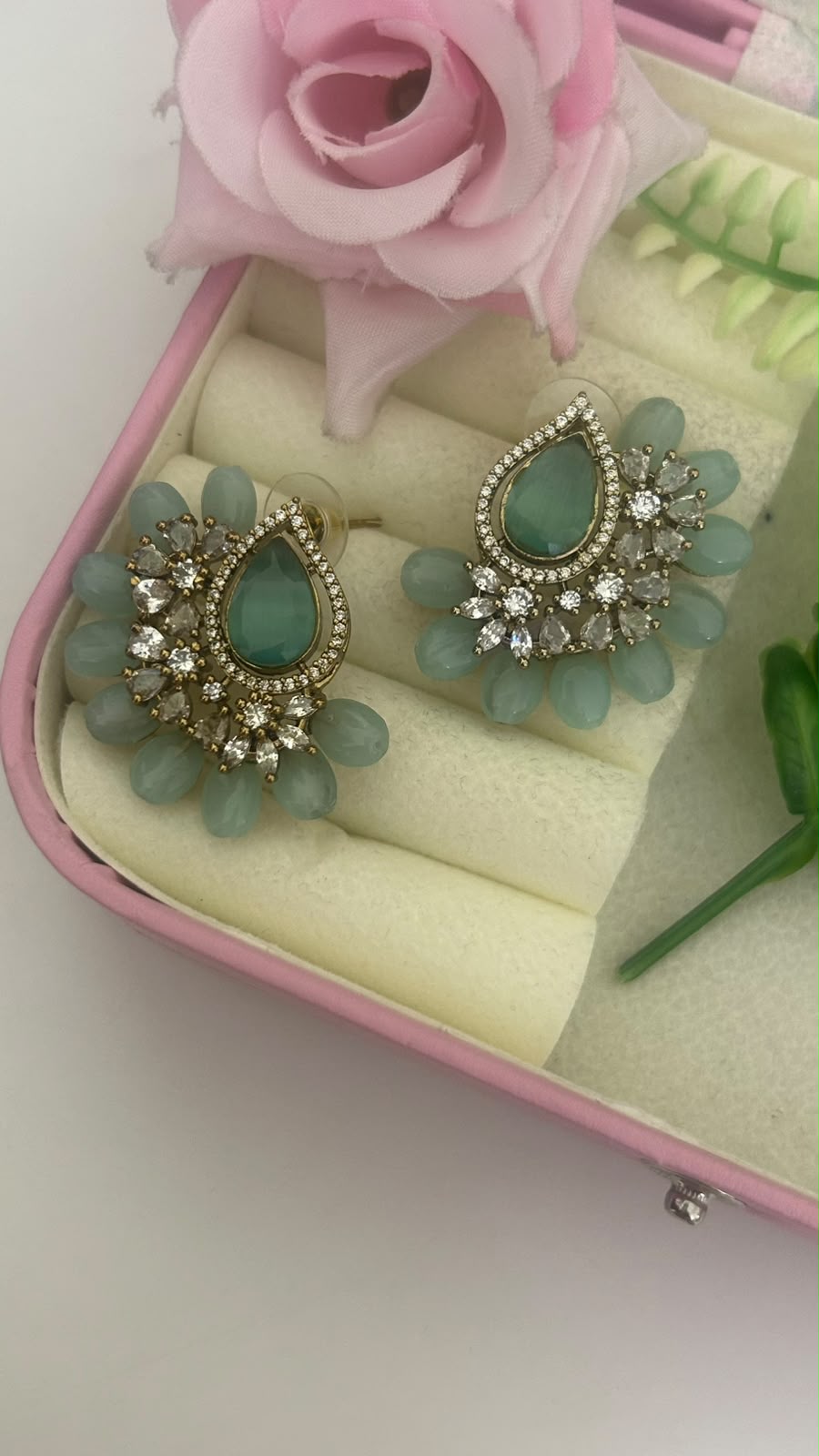Elegant Mint Green Teardrop Stone Designer Stud Earrings with Sea Green Bead Drops in big size