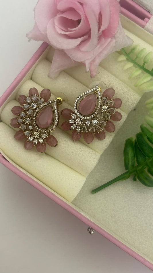 Elegant Blush Pink Teardrop Stone Designer Stud Earrings with Rose Pink Bead Drops in big size
