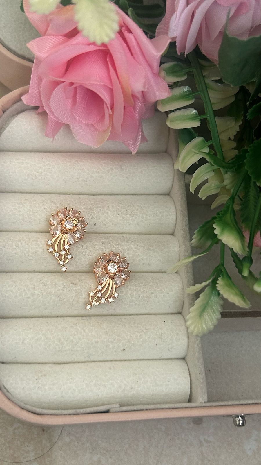Crystal Bloom Statement Studs – Gold-Plated Floral Earrings with Sparkling Drops