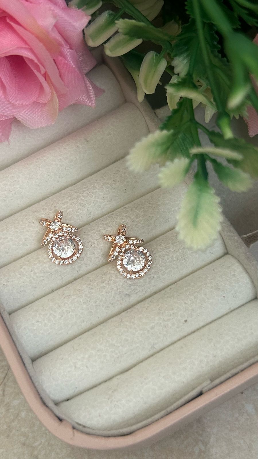 Starlight Halo Drop Earrings – Gold-Plated Round CZ Studs with Sparkle Frame