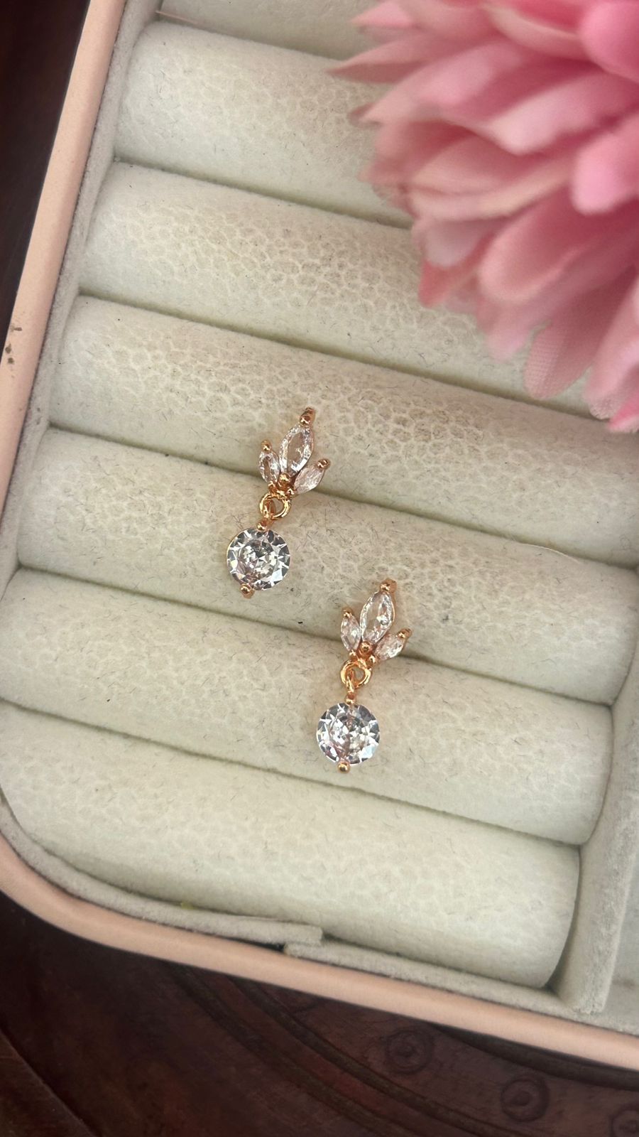 Leaf Crystal Drop Earrings – Dainty CZ Danglers in Gold Finish for Wom - Main Image