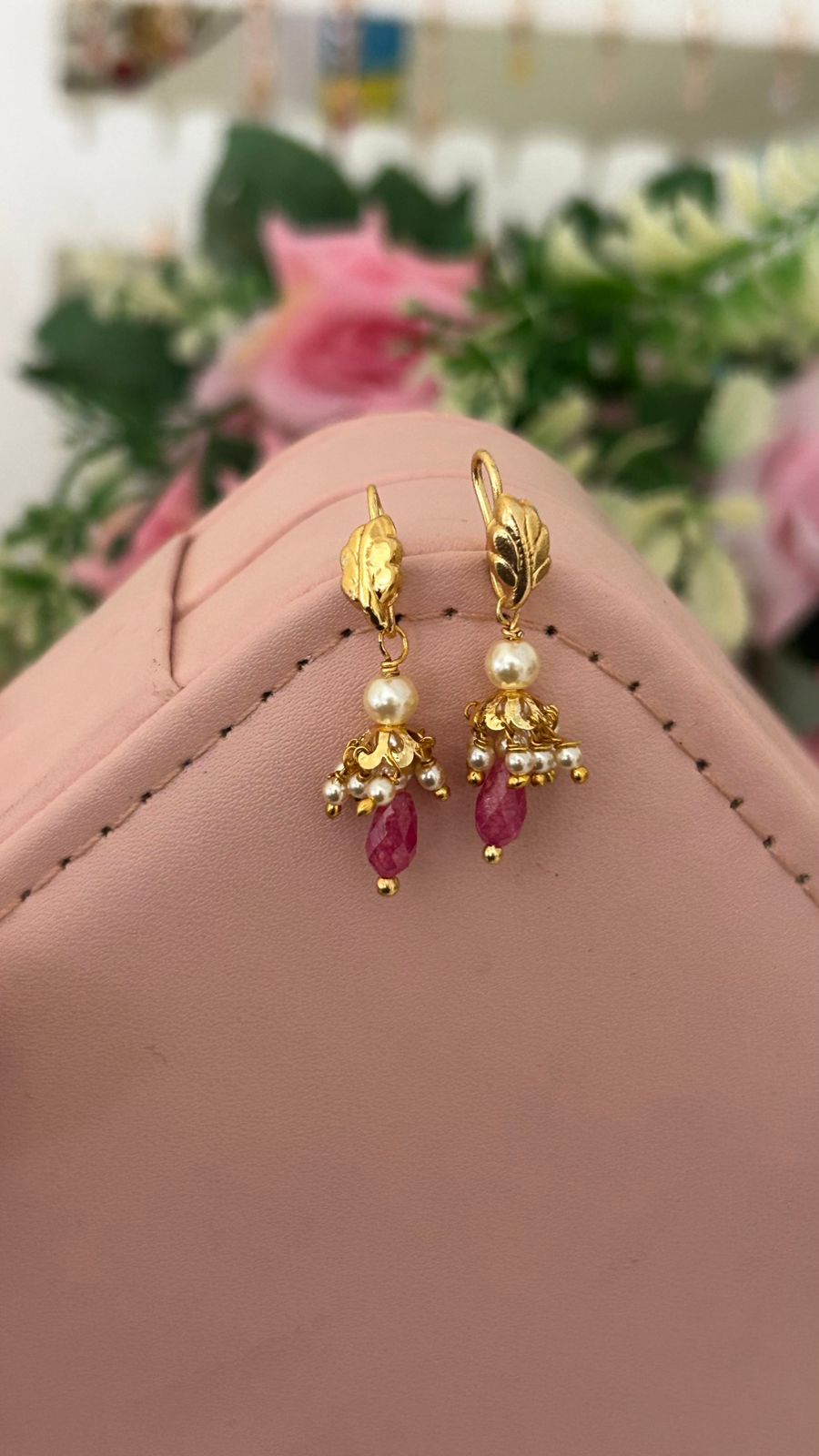 Gold Finish Green Bead Hanging Earrings with Pearl Accents