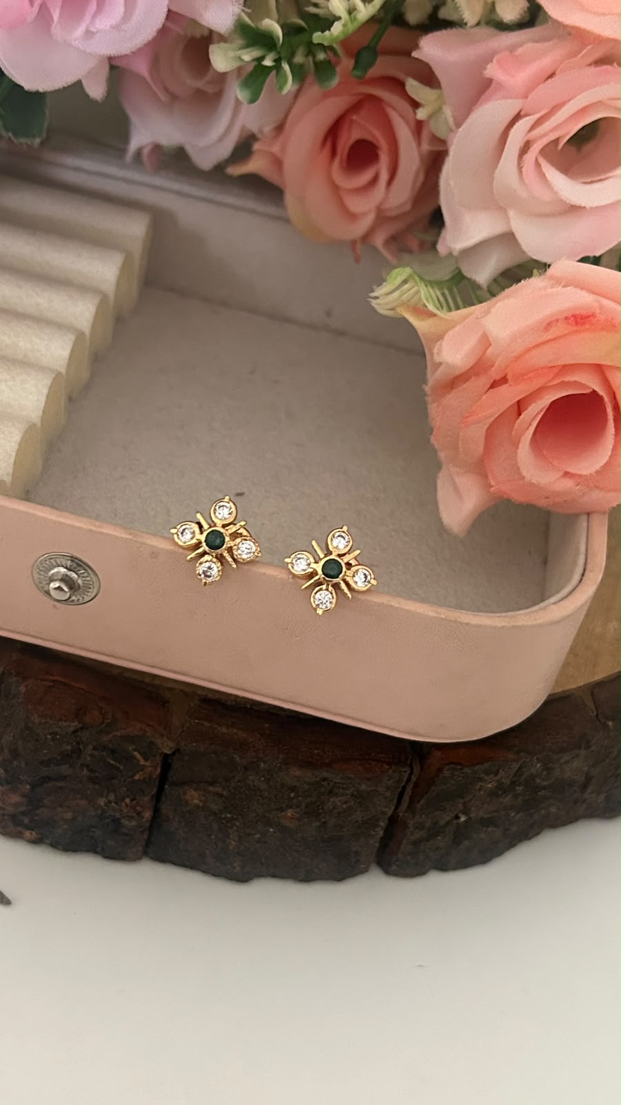 "Elegant Panchaloham (big)Stud Earrings with Emerald Center and Crystal Accents (big size)– Traditional Gold-Toned Jewelry"