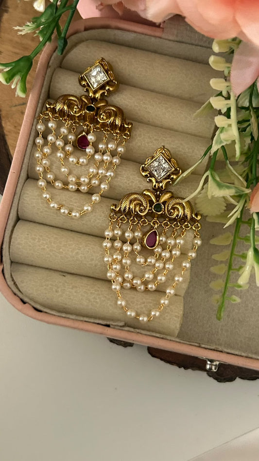 Ethnic South Indian Style Square Tops with Five-Layered Pearl String Drops and Cz Stone Accents with white and reddrop