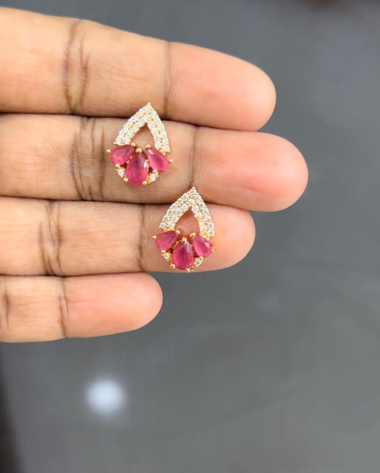 Ruby Teardrop Cluster Earrings – Gold-Plated CZ Studs in Leaf Frame Design