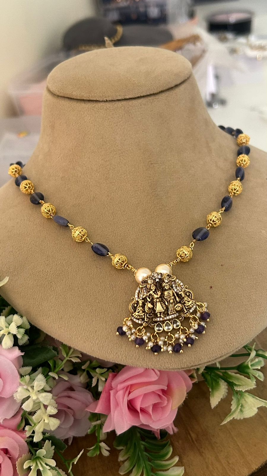 Antique Radha Krishna Temple Necklace with Purple Beads & Pearl Drops