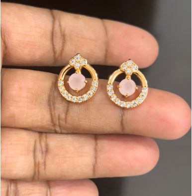 CZ Ear Rings round symbol with white & pink color stone - 030